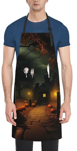 YHBLYKXP Gruselige Halloween-Druck-Schürze aus Oxford-Stoff, Malschürze für Erwachsene, Kochschürze zum Kochen, Grillen, Backen, Grillen, Grillen, Grillen, Schwarz, Einheitsgröße