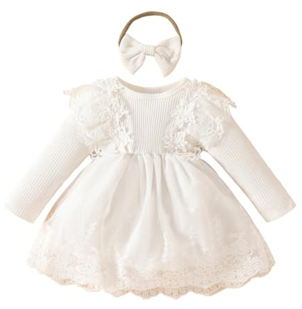 Verve Jelly Blumenmädchen langärmliges Spitzenkleid für Baby Taufe Prinzessin Hochzeitsfeier Geburtstag Schleife Tüllkleider mit Stirnband weiß 18–24 Monate