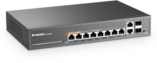 MokerLink 12 Port Gigabit PoE Switch mit 8 PoE+ Port, 2 Gigabit Uplink, 2 SFP Port, 120W AI Detection, Qos & Extend, lüfterloser Metall Plug & Play Unmanaged Netzwerk Switch