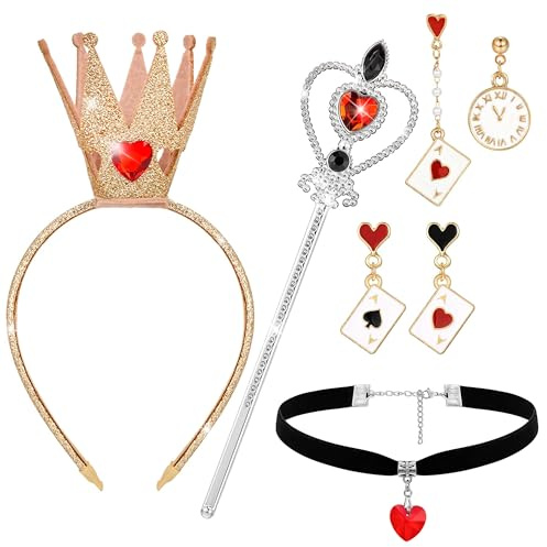 Horolam Herzkönigin Kostüm Zubehör, Rotes Herz Königin Accessoires mit Krone Stab Herz Halskette Spielkarten Ohrringe für Damen für Karneval Halloween Cosplay Party