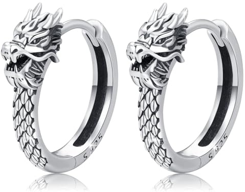 Orecchini a cerchio in argento Sterling 925, drago gotico, orecchini da uomo, amuleto drago, idea regalo per uomo e donna