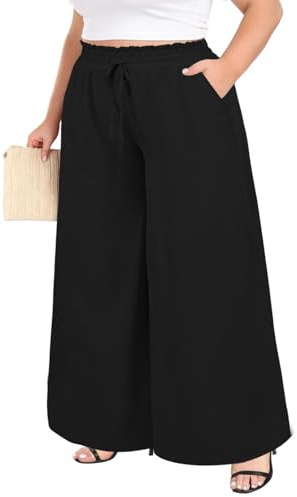 Moon Wood Taglie Forti Pantaloni Palazzo Donna Elasticizzati Vita Alta Pantaloni Larghi con Tasche Estivi Leggeri Casual Fiori Nero XXL