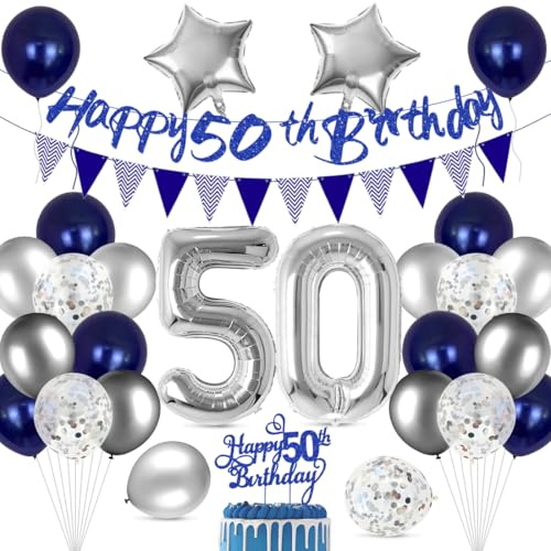 Cadimus 50. Geburtstag Deko,Happy Birthday Ballon Dekoration,50 Geburtstag Blau Silber Luftballons,Happy Birthday Folienballon 50, 50 Jahre Männer Frauen Party Deko