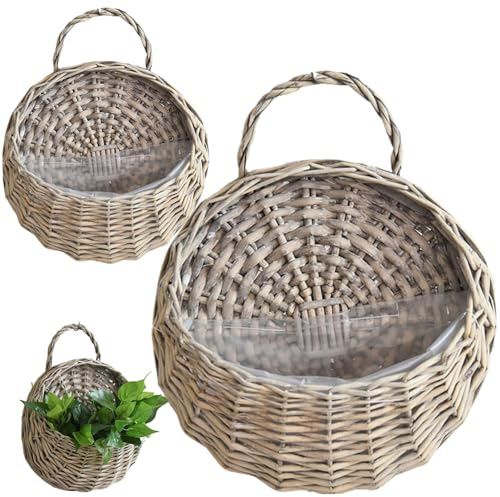 Hängender Pflanzgefäß, 2 Stück, natürlicher Rattan-Pflanzgefäß, Vintage-Wand-Hängekorb, Aufbewahrung, Pflanzkorb, Rattan-Wandbehang, Blumentopf für Haus, Garten, Zimmerpflanzen, grauer Pflanzkorb, Hän