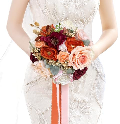 LCiclly 21,6 cm Hochzeitssträuße für Braut, Brautjungfer, gebranntes Orange, Burgunderrot, Rose, Brautstrauß, Terrakotta, Herbst, Hochzeit, künstliche Seidenblume, Boho, rustikale Zeremonie, Jahrestag