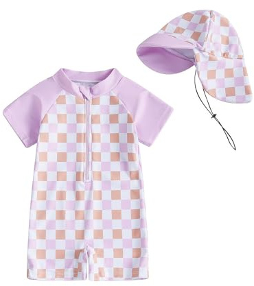 Bañador Bebe Niño Niña, Bañador Bebe Niño Protección UV 50, Traje De Baño Bebe con Gorro, Camiseta Solar Bebe Fato Baño UV, Cuadro Púrpura 6-12 Meses
