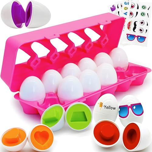 MOONTOY Montessori Matching Egg, 12PCS Color & Shape Recognition Toy for Toddler 1-3, Educational Learning Eggs Toy with Pink Storage Case, Easter Eggs Basket Stuffers Gift for 1 2 3 Year Old Girl Kid