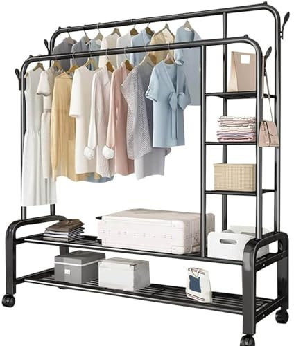 SFSLBFB Großer Garderobenständer mit Etagenschuhständer, mit 2 Ablageflächen, mit Flaschenzug, offener Kleiderschrank, Garderobenständer für Eingangsbereich, Schlafzimmer, Badezimmer und Büro,