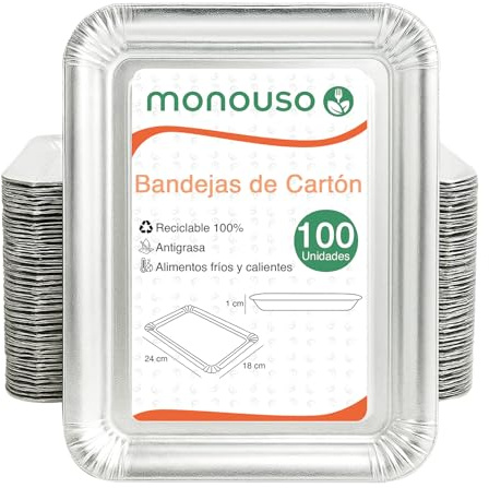 Monouso | 100 Bandeja de Cartón Plateada 18×24 cm | Rectangular Compacta | Resistente al Aceite y Calor | Ideal para Degustaciones y Catering | Pack de 100 Unidades