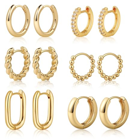 VIROMY 6 Paar Gold/Silber Klobige Reifen Ohrringe Set für Frauen 14K Vergoldet Verdreht Huggie Hoop Ohrring Leicht Klobige Reifen Ohrringe Schmuck für Geschenke