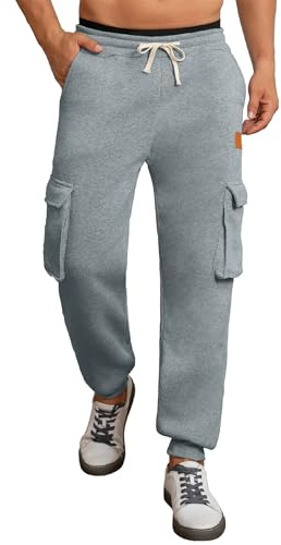 Tolaler Mens Fleece Cargo Trousers Jogging Pants Sweatpants Casual Elasticated Waist Drawstring Lightweight Stretch with Multiple Pockets Joggers Bottoms for Daily Outdoor Sports Hellgrau XL