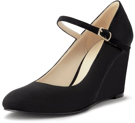 DIFEMA Womens Wedge Pumps with Ankle Strap for Dressy Ladies Mary Jane Shoes Closed Toe Wedges Heels for Women,Black,8