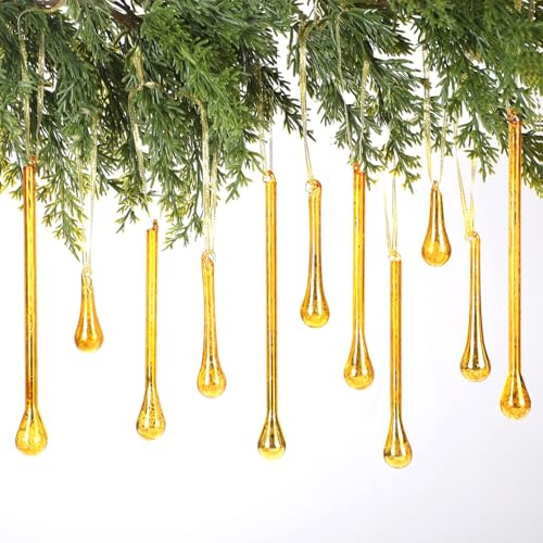 Yalikop 12 Pcs Mercury Glass Icicle Drops Christmas Ornaments Hanging Teardrop Christmas Tree Decoration Chandelier Raindrop Pendant for Xmas Tree Winter Holiday Party Supplies (Gold)