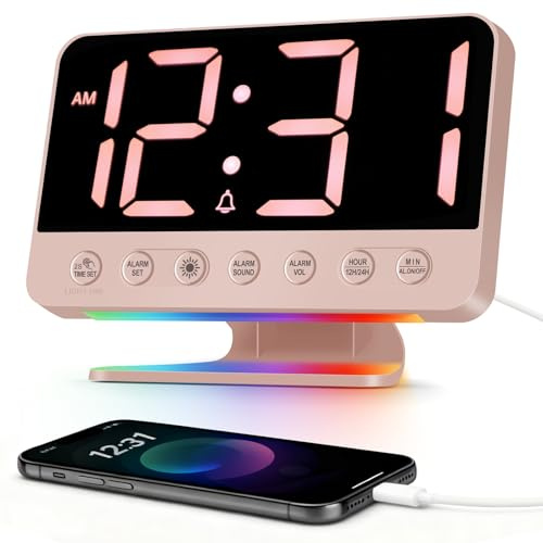 Venchin 110dB Loud Alarm Clocks for Heavy Sleepers Bedside Digital Clock | Snooze, USB Port, Adjustable Brightness/Volume, Mains Powered, 12/24HR, Modern Night Light for Bedrooms Home Office