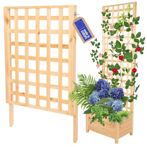 MODO24 Rankgitter aus Holz für Pflanzkübel, Modul zur Blumenkasten, Rankhilfe, Pflanzengitter Scherenspalier für Kletterpflanzen, FSC®-zertifiziertes Kiefernholz, 94x60 cm, Farbe: Natur unbehandelt
