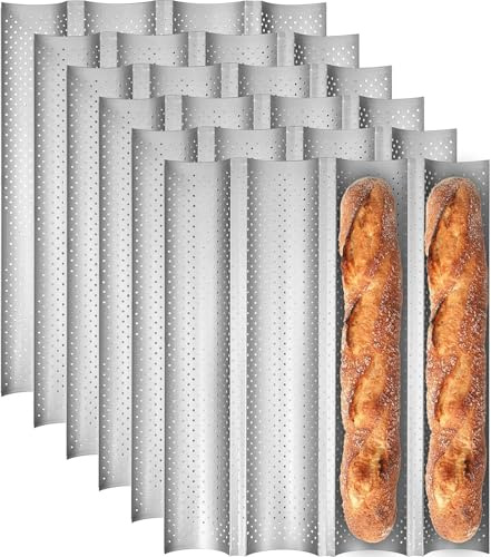 Lot de 6 moules à baguette antiadhésifs 38 x 31 cm - Plaque de cuisson perforée pour pain français - Moule à pain ondulé pour pain au levain et toast italien (4 pains par poêle)