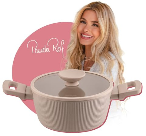 FACKELMANN Pamela Reif Faitout avec couvercle en verre, 20 cm, en aluminium recyclé beige pastel, revêtement en céramique, résistant à la chaleur jusqu'à plus 150 °C, nettoyage à la main