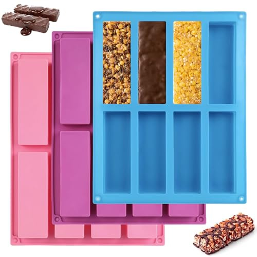 Strehknewen Set di 3 Forme in Silicone per Barretta di Cereali – Forma Rettangolare con 8 Cavità, BPA Free, Antiaderente, per Cioccolato, Brownies e Barre Proteiche