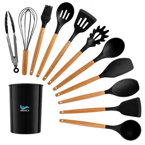 EDENICA Set Utensili da Cucina 12 Pezzi con Portautensili, Spatole e Mestoli in Silicone con Manici in Legno, Set Completo con Pinza, Frusta, Pennello, Mestolo e Servispaghetti, Nero