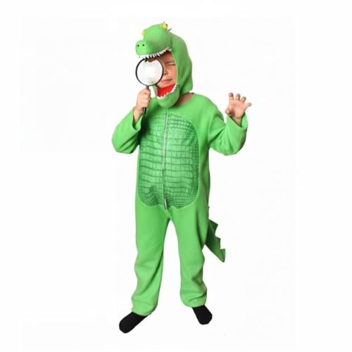 Barn grön alligator utredare – mjuk fleece tvådelad djurbodysuit med huva och förstoringsglas rolig detektivdräkt för världsbokdagen halloween skola barn maskeraddräkt S