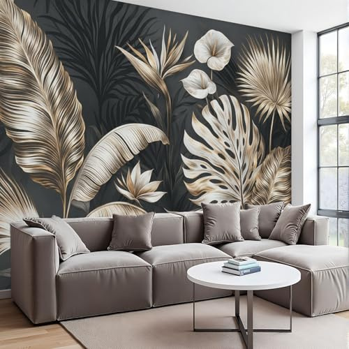 Wall Mural Seamless Black White Tropical Leaves Golden Elements Peel and Stick Wallpaper Removable Self-Adhesive Wall Sticker Wall Decor for Bedroom Living Room Decor 100x144