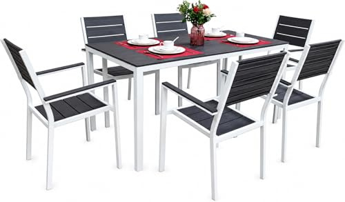 IlGruppone Set Tavolo da Giardino con 6 Sedie in Acciaio e Piano HDPE Effetto Teak, Tavolo Esterno Rettangolare Moderno Resistente alle Intemperie, Arredo Outdoor Terrazzo Balcone - Grigioscuro