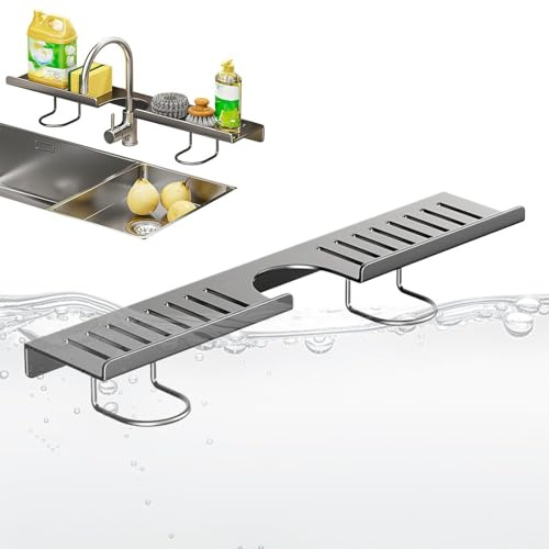 Ripiano sopra il lavello - Stendino da cucina in acciaio al carbonio senza trapano, organizer per riporre il rubinetto rimovibile | Supporto per sapone, spugna, spazzole, utensili, articol