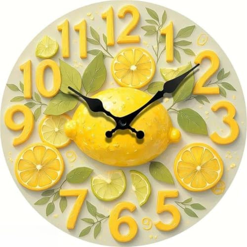 Citron orange sommar fräsch trä rund tyst dekorativ väggklocka heminredning idéstil 30 x 30 cm