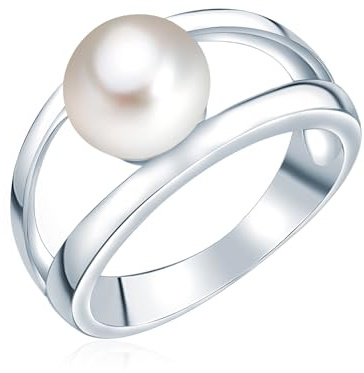 Valero Pearls Damen Perlenring mit Hochwertiger Süßwasser-Zuchtperle | Perlengröße 8-9 mm,Button-Form,weiß,925/- Sterling Silber,Silberring,mit echter Perle,Damenring,geteilte Ringschiene,