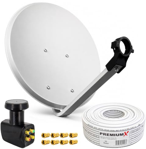 PremiumX Satelliten-Komplettanlage 4 Teilnehmer 80cm Satellitenschüssel Hellgrau SAT Quad LNB 50m Antennenkabel 8X F-Stecker