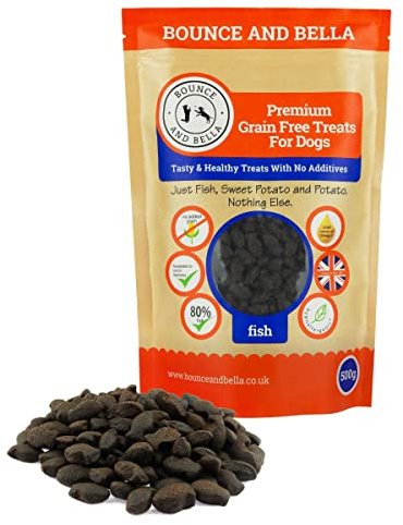 Bounce & Bella Grain-Free Fish Dog Treats, Hypoallergenic 1000 Bites, 500g | Crunchy omega-3 bites, Great for training, Gentle for sensitive stomachs, 1 pack