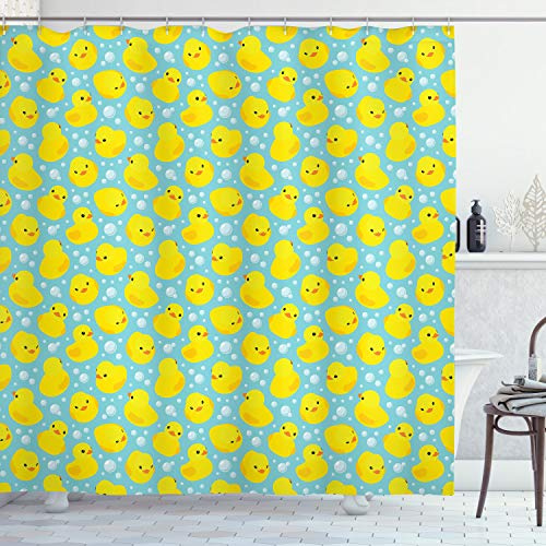 ABAKUHAUS Badeente Duschvorhang, Bubbles Ducks, Stoffliches Gewebe Badezimmerdekorationsset mit Haken, 175 x 200 cm, Türkis Gelb Orange