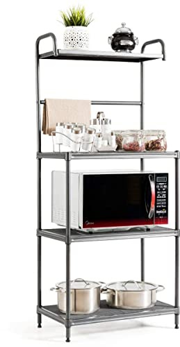 COSTWAY Küchenregal 4-stufig, Mikrowellenregal mit verstellbaren Regalböden, Mikrowellenständer Metall, Standregal Küche, Regal für Mikrowelle, freistehendes Haushaltsregal, 59 x 34 x 136 cm (Grau)