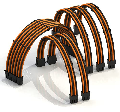 LINKUP - AVA 50cm PSU Kabelverlängerung Ummantelt GPU Nach Maß PC Stromversorgung mit Kamm-Kit - Kompatibel mit RTX3090 | 1x 24P (20+4) | 2x 8P (4+4) CPU | 3x 8P (6+2) GPU set | 500mm - Orange Schwarz