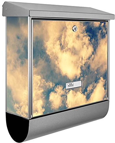 banjado® Burgwächter Briefkasten Edelstahl 38x39x12cm mit Motiv Wolken 3 / Briefkasten Edelstahl ohne Zeitungsfach/Briefkasten grau/Postkasten inkl. Montagematerial & 2 Schlüsseln
