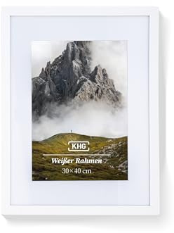 KHG Premium-Bilderrahmen 30x40 cm weiß, stabile Glasfront, für Zuhause | hochwertiges Passepartout & MDF-Holzrahmen für Fotos, Poster, Zertifikate & Collagen, vielseitig einsetzbar