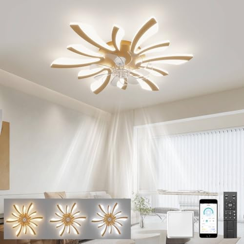 LJX Ceiling Fans with Lights and Remote Control Silent DC Modern Ceiling Fans with Lamps Timer Dimmable Reversible for Bedroom Lounge Kitchen Chandelier Fan Led, Gold