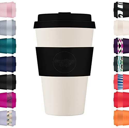 14oz 400ml Ecoffee Cup Wiederverwendbare umweltfreundliche 100% pflanzliche Kaffeetasse mit Silikondeckel und Hülle - Melaminfreie und biologisch abbaubare Reisetasse, Black Nature