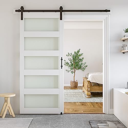 SmartStandard 36 x 84 in Glass Barn Door with 6.6FT Sliding Hardware Kit & Handle, Pre-Drilled Ready to Assemble, Waterproof PVC Coating, White, 5-Panel Glass