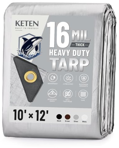 Keten Tarps Heavy Duty Waterproof 10x12 Feet, Extra Thick 16 Mil (Silver)