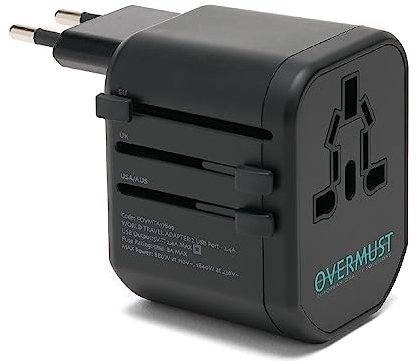 OVERMUST - Adattatore Universale da Viaggio, 2 Porte USB, Spine Intercambiabili UK/EU/USA/AUS, Compatibile 110-240W, Design Compatto, Sicuro con Doppio Fusibile, USB C