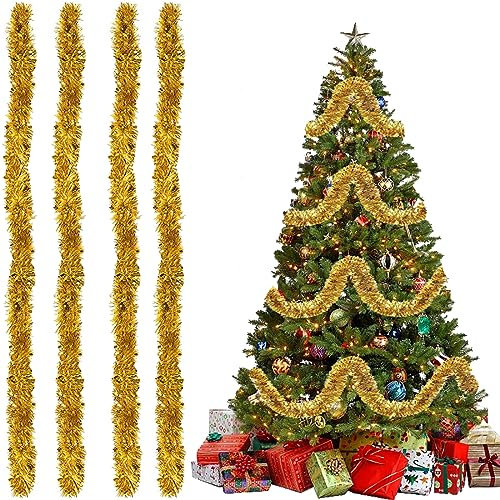 4 Piezas Guirnalda Espumillón De Navidad, Espumillon Arbol Navidad, Espumillón De Navidad, Guirnalda Metálico De Navidad, Guirnalda Oropel De Navidad para Fiesta Árbol De Navidad(2 Metros, Oro)