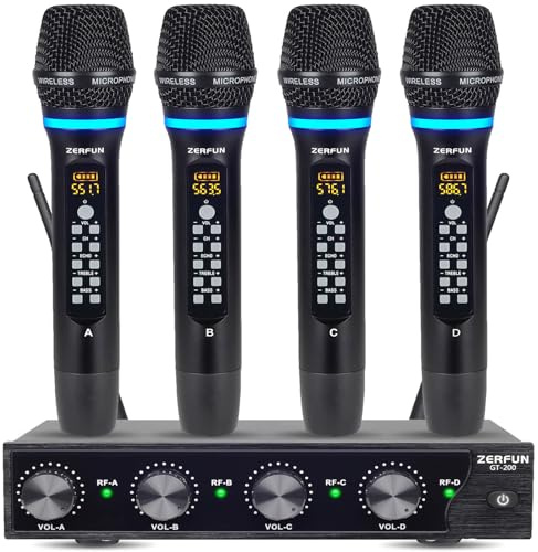 ZERFUN Rechargeable Wireless Microphone System 4 Channel Pro, UHF Metal Handheld Wireless Mics Cordless for Church Karaoke Singing with Echo Treble BASS VOL Channel Control(GT-200)