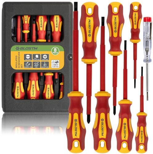 BLOSTM Insulated Screwdriver Set - 8pcs VDE Tested Electrical Screwdriver Set to 1000V, Hardened Black Point Magnetic Tipped Electricians Screwdriver Set with Anti-Roll Design - Storage Case Included