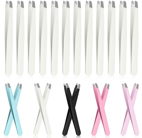 GLARKS Lot de 12 pinces à épiler professionnelles en acier inoxydable à pointe inclinée pour sourcils