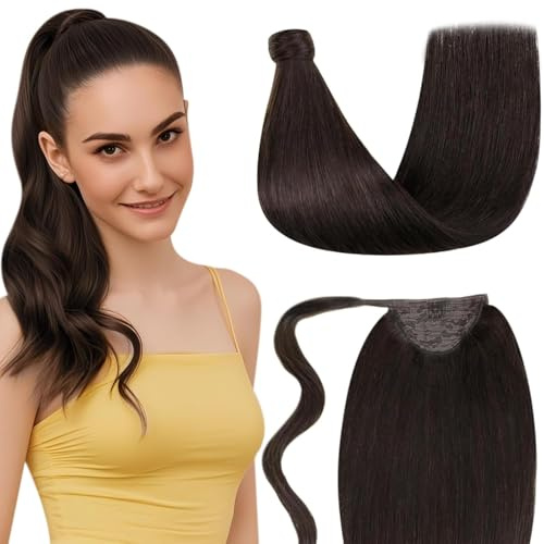 LaaVoo Pferdeschwanz Extensions Echthaar Zopf Braun Haarverlängerung Zopf Echthaar Extensions Dunkelstes Braun Pferdeschwanz Haarteil Echthaar Glatt 45cm 80g #2