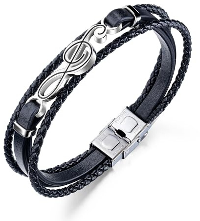 ATEIELLI Herren Armband Note Musik Thema Edelstahl Lederarmband 22cm JWB318