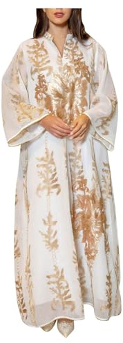 Zeiayuas Abaya Dress for Women Muslim Kaftan Dresses Batwing Sleeved Beaded Chiffon Embroidered Elegant Dubai Moroccan Caftan Ramadan Party Wear Flower