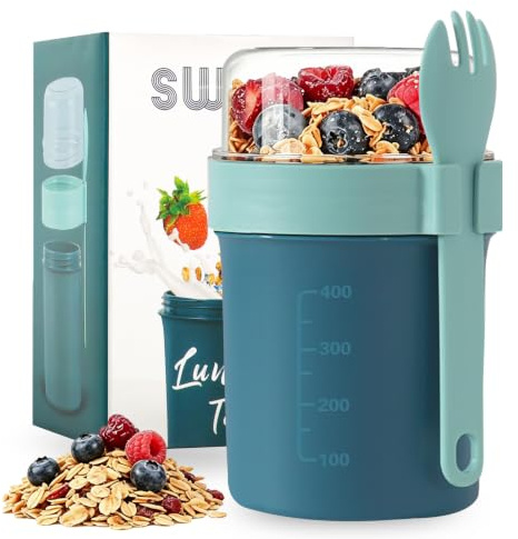 Swkien Müslibecher to go mit 2 Fächern, auslaufsicherer Joghurtbecher to go | mit 2-in-1 Löffel, Spülmaschinengeeignet, 560 ml + 220 ml, BPA-frei – ideal für Joghurt, Müsli & Overnight Oats.