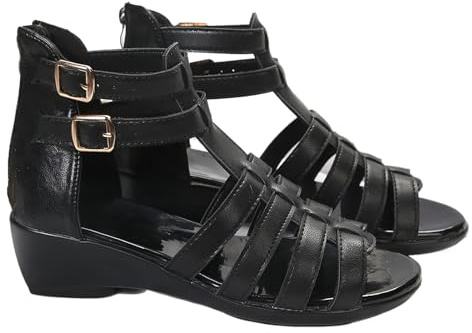 Women Black Leather High Top Gladiator Sandals,Summer Peep Toe Hollow Back Zipper Dressy Flat Roman Sandals Wedges Sandals (Black,10)